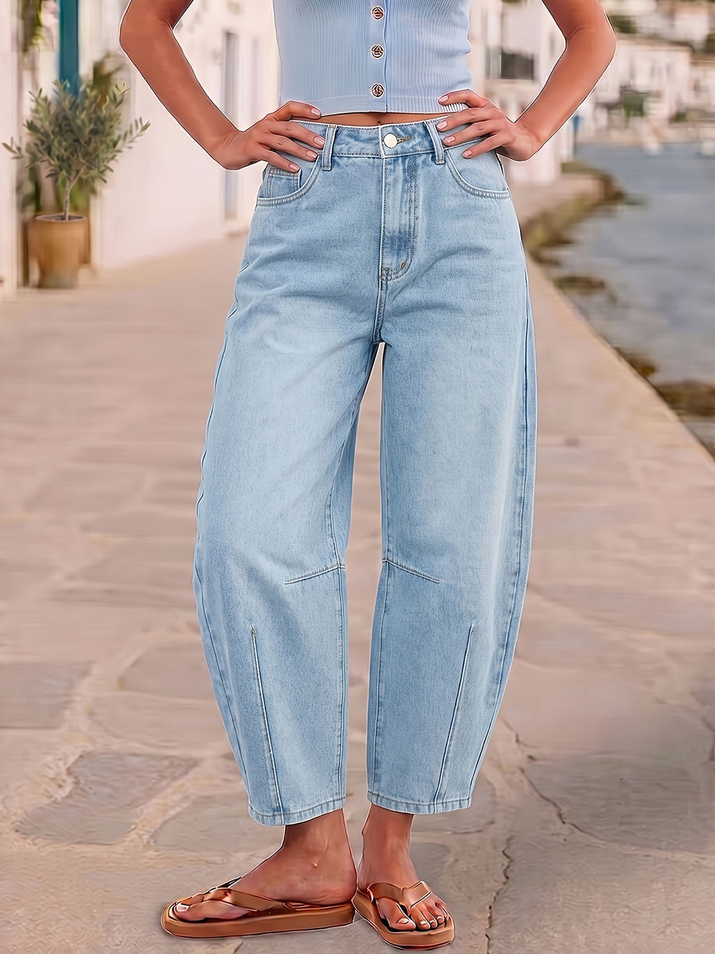 Denim Jeans Women'S Loose Mid-Rise Ankle Pants Light Blue Zipper Fly Non-Stretch Casual All-Match Daily All-Season New - Light Blue