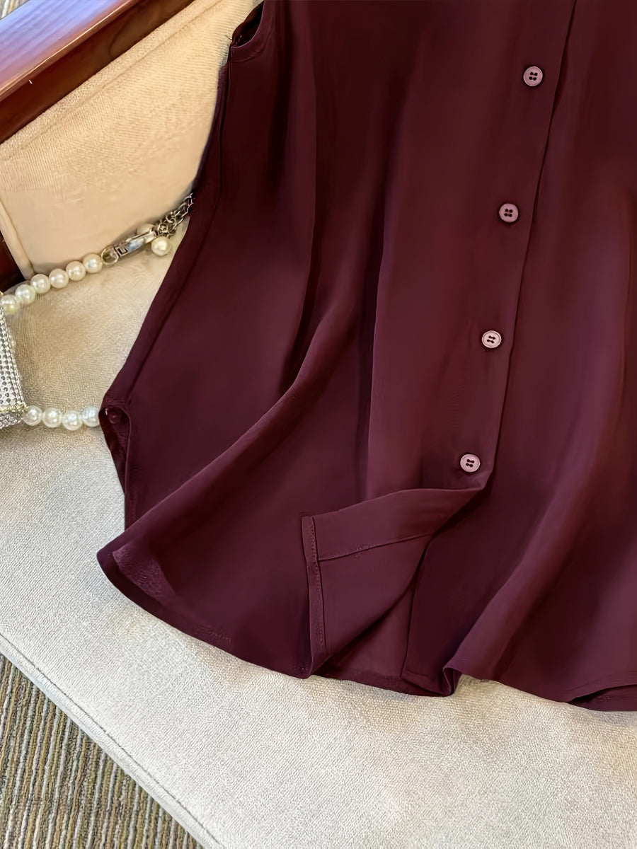 GlowEve Coffee Sleeveless Pleated Chiffon Casual Loose Fit Top for Women - Burgundy
