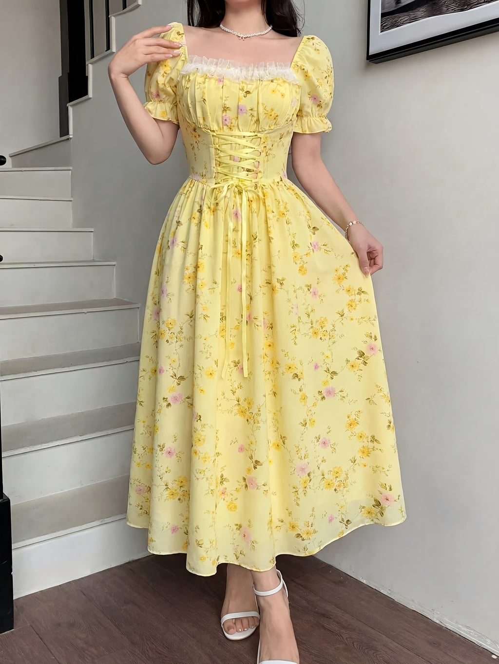 Charming Romantic Dumb Flower Patchwork Lace Collar Long Sleeve Waist-Cinching Elegant Dress, Vacation Wear, Women'S Dress - Polychrome