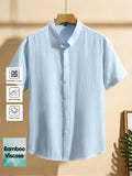 Men's Short-sleeve Shirt, Made with Natural Bamboo Fiber Fabric, Featuring a Henley/stand-up Collar Design, Versatile for Casual Wear - Light Blue