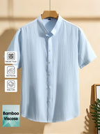 Men's Short-sleeve Shirt, Made with Natural Bamboo Fiber Fabric, Featuring a Henley/stand-up Collar Design, Versatile for Casual Wear - Light Blue