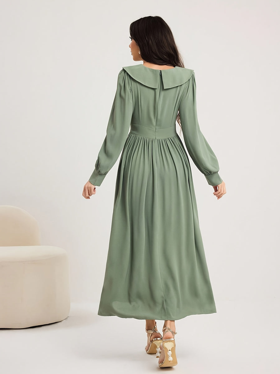 Vintage Lapel Heavy Craft Embroidered Long Sleeve Dress - Matcha Color