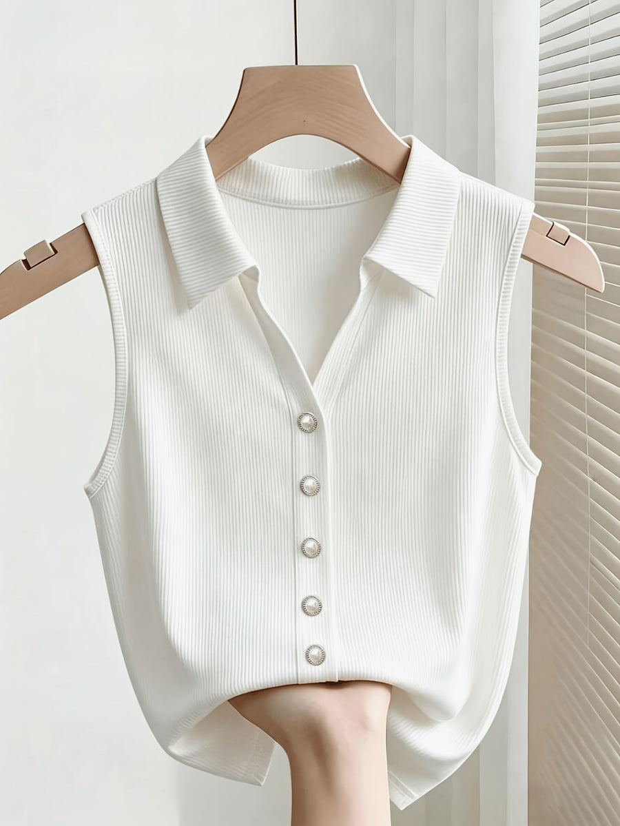 1pc Gentle Style Lapel Sleeveless Vest, Vertical Ribbed Slim Fit Pearl Button Waist-Cinching Cropped Top, Elegant and Versatile Style for Dates and Daily Commutes - White