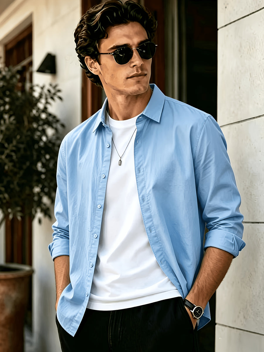 Men'S Long Sleeve Casual Shirt for Summer, Lightweight, Breathable And Comfortable. Slim-Fit And Versatile with Relaxed Cut, Ideal for Daily Commuting And Travel Outfits. (Shirt solely) - Sky Blue