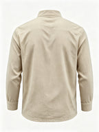Men's Linen Long Sleeve Henley Shirt Stand Collar Loose Polo Shirt Men's Linen Zipper Casual Shirt - Khaki