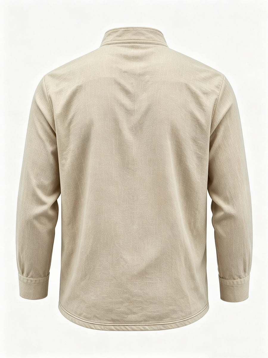 Men's Linen Long Sleeve Henley Shirt Stand Collar Loose Polo Shirt Men's Linen Zipper Casual Shirt - Khaki