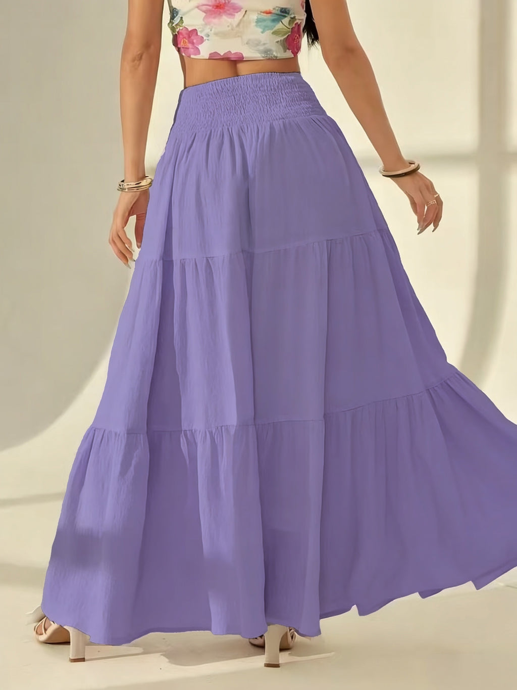 Bohemian Tiered Maxi Skirt, High-Waist Smocked A-Line Flowy Long Skirt, Casual Loose Pleated Solid Color Skirt for Beach Vacation Daily Wear, Women'S Fashion - Lavender