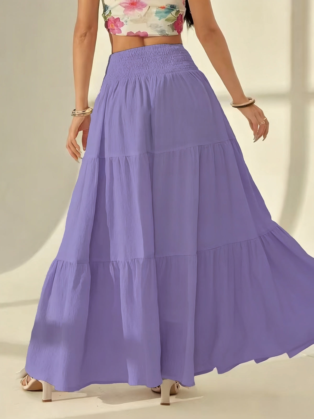 Bohemian Tiered Maxi Skirt, High-Waist Smocked A-Line Flowy Long Skirt, Casual Loose Pleated Solid Color Skirt for Beach Vacation Daily Wear, Women'S Fashion - Lavender