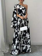 Women'S Casual Elegant Vacation Asymmetrical Trumpet Sleeve Black And White Printed Pleated Jumpsuit, Spring Summer Collection - Black And White