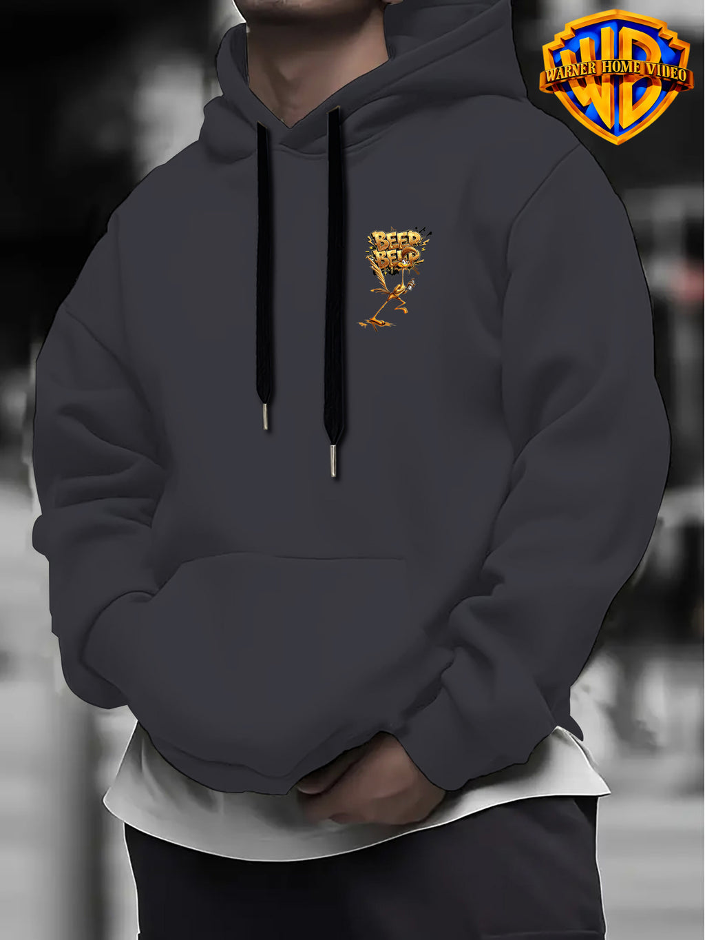 [Warner Bros. Official License] Retro Hip-Hop Golden BEEP Letter Spray Beep Bird Unisex Print Hoodie for - Men'S Fashion Sweatshirt with Double-Sided Print, Adjustable Drawstring Loose Comfortable Hoodie, Suitable for Daily And Outdoor Wear - Dark Gray