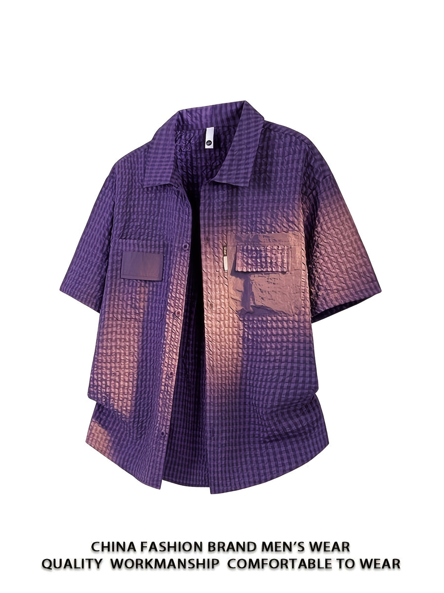 Men's Outdoor Workwear Short-sleeved Shirt Plaid Shirt Summer Loose Beach Shirt Lapel Shirt Top Multi-Pocket Large Size Shirt Affordable Men Oversized Plaid Shirts Size Men Casual Button Shirt Hot 2026 Streetwear - Purple