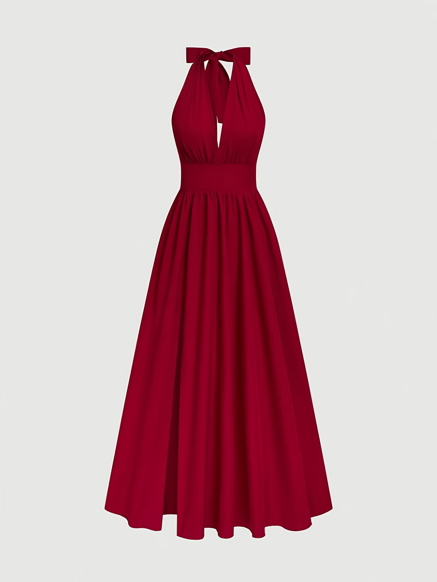 New French Elegant Casual Sexy Fashion High-End Design V-Neck Cami Waist-Cinching Backless A-Line Skirt Slit Sleeveless Long Dress Solid Color Exquisite Women'S Evening Dress - Deep Red