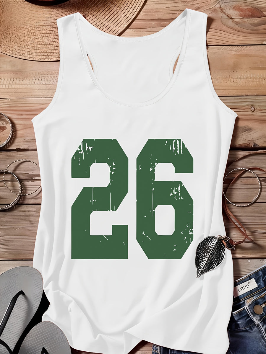 A Series of Arabic Numerals, a Comfortable And Casual Tank Top with a Full Print of The Letter '26', Suitable for Travel, Leisure, And Outdoor Street Scenes - White