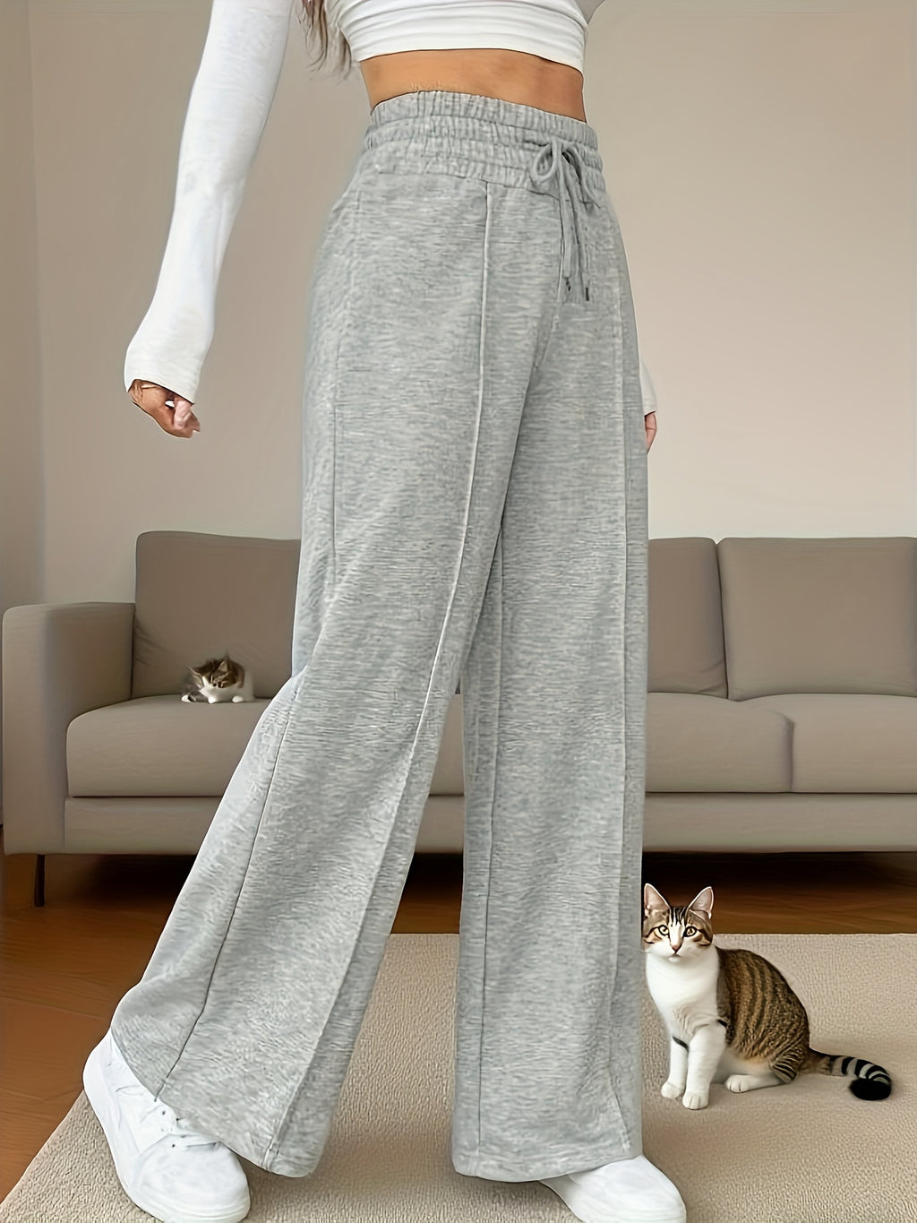 Women's High-Waisted Wide-Leg Pants, Wrinkle-Resistant and Machine Washable, Winter Trousers for Casual to Formal Occasions, Comfortable Casual Wear, Loose Fit, Suitable for Autumn and Winter Seasons, Fashionable and Versatile Women's Wide-Leg Design - Light Grey
