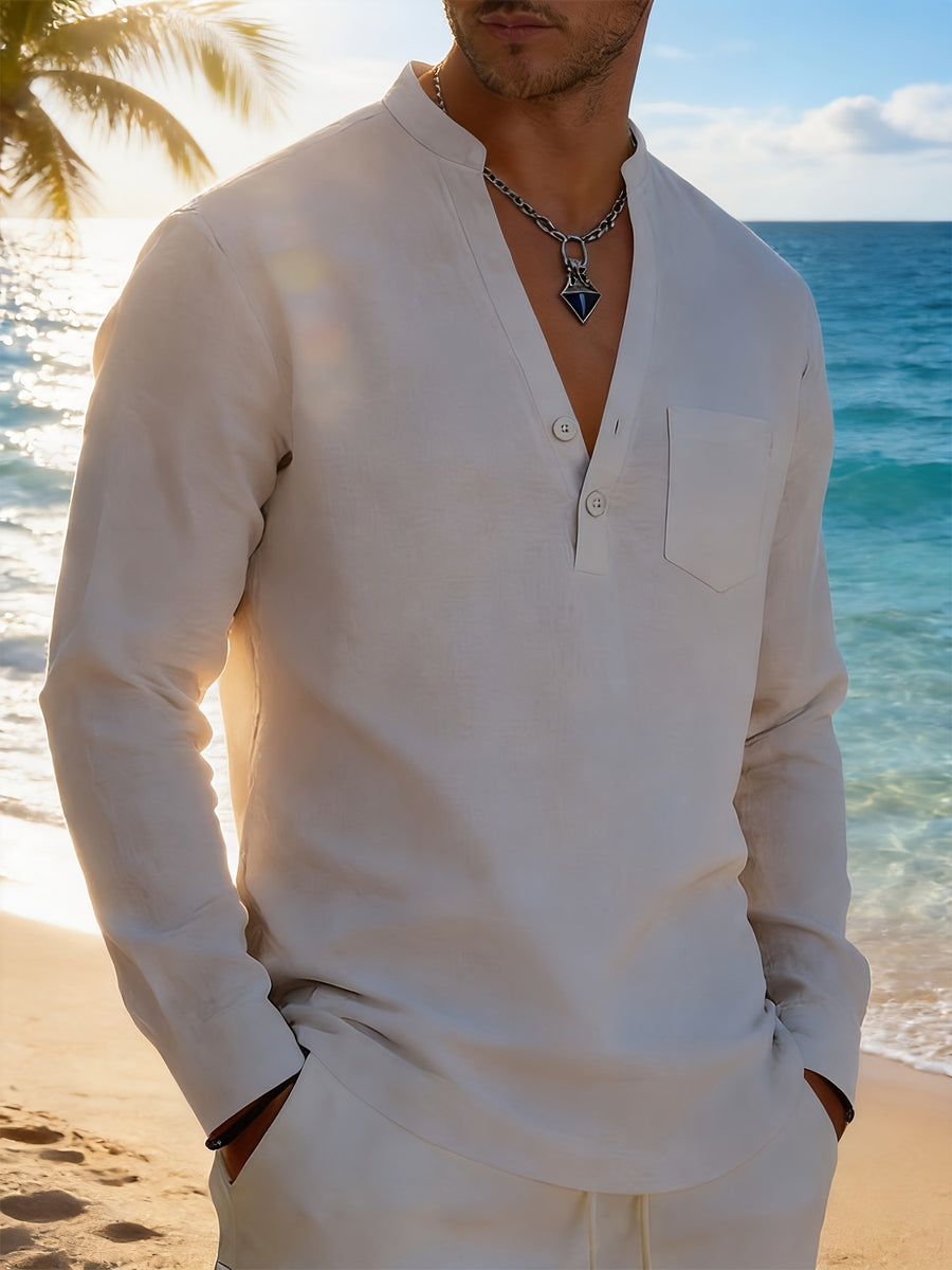 Men's Solid Color Henley Long Sleeve Shirt, Lightweight Breathable Casual Button Up Tops for Summer - White