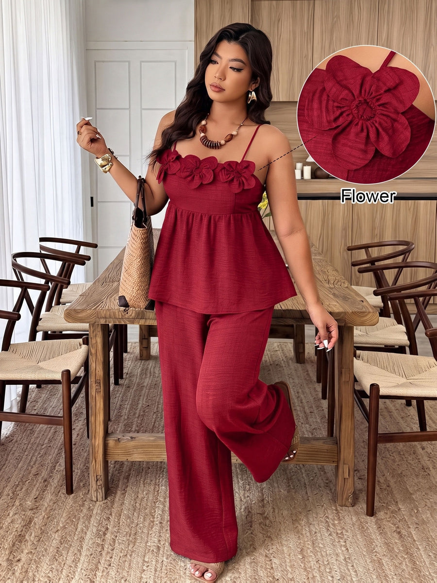 Women'S Solid Color Thin Strap Ruffled Elegant Pullover Sweater And Straight Solid Color Long Pants, Summer New Casual to Formal Wear, Designer Style, Beautiful Two-Piece Pants Set - Red