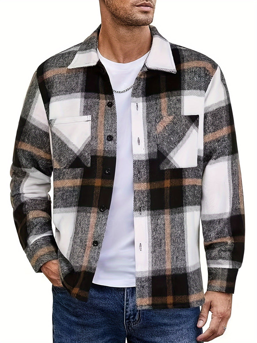 Men's Flannel Thickened Warm Casual Fashion Versatile Plaid Shirt Jacket - Grey