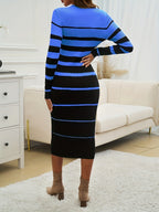 Stylish Commuter Casual Slim Fit Sweater Dress with Round Neck, Long Sleeves and Hip-Hugging Design in Striped Contrast for All Seasons - Royal Blue