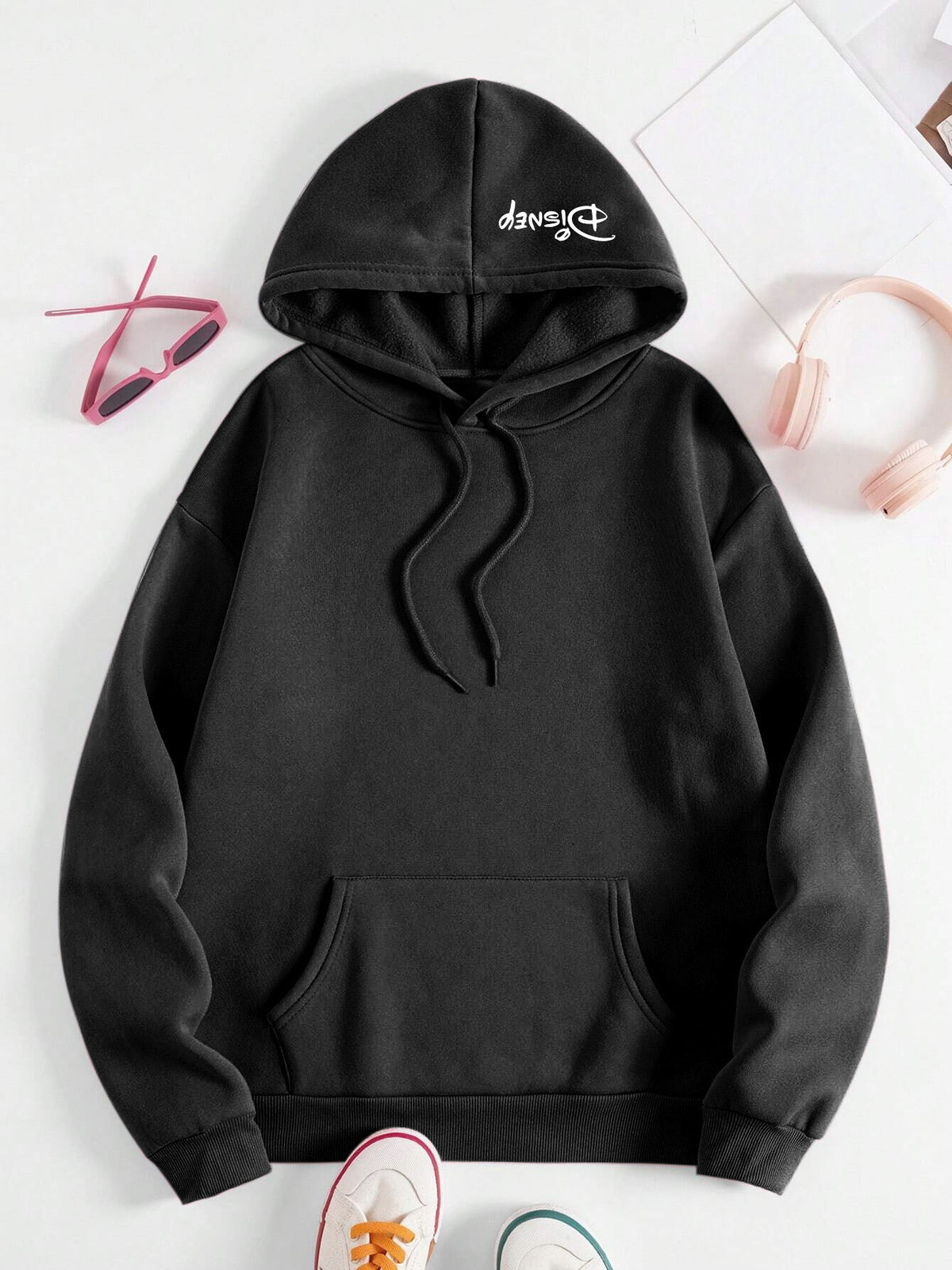 Disney Women Cute And Silly Angel Graphic Hooded Sweatshirt, Casual Fashion Jacket, Shirt Top, 2026 New Daily Versatile Autumn And Winter Women Clothing - Black