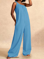 Summer New Casual All-Match Multi-Functional Vacation Travel Beach Sunbathing Sleeveless Textured Jumpsuit, Loose Solid Color Elegant Women'S Bodysuit - Blue