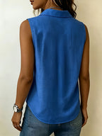 Pleated Design Statement Sleeveless Shirt, Women'S Lapel V-Neck Loose All-Match Summer Commute Top - Royal Blue