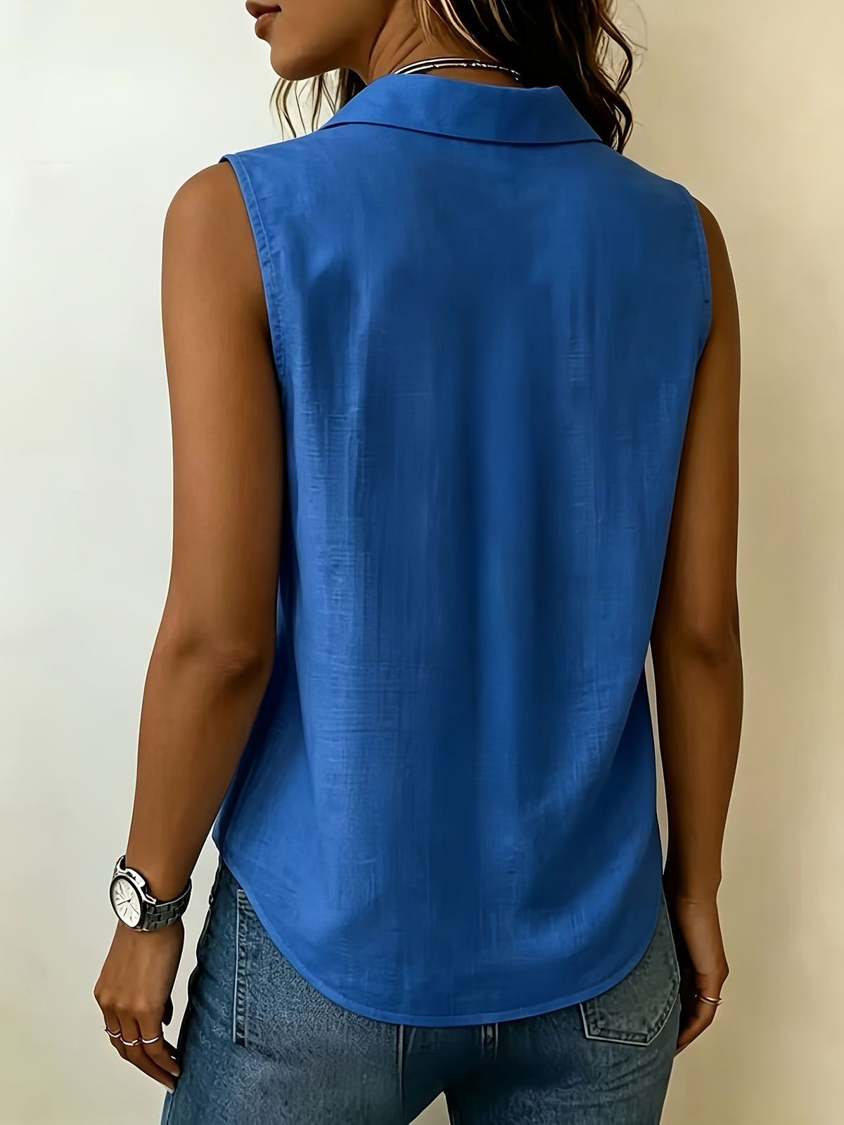 Pleated Design Statement Sleeveless Shirt, Women'S Lapel V-Neck Loose All-Match Summer Commute Top - Royal Blue