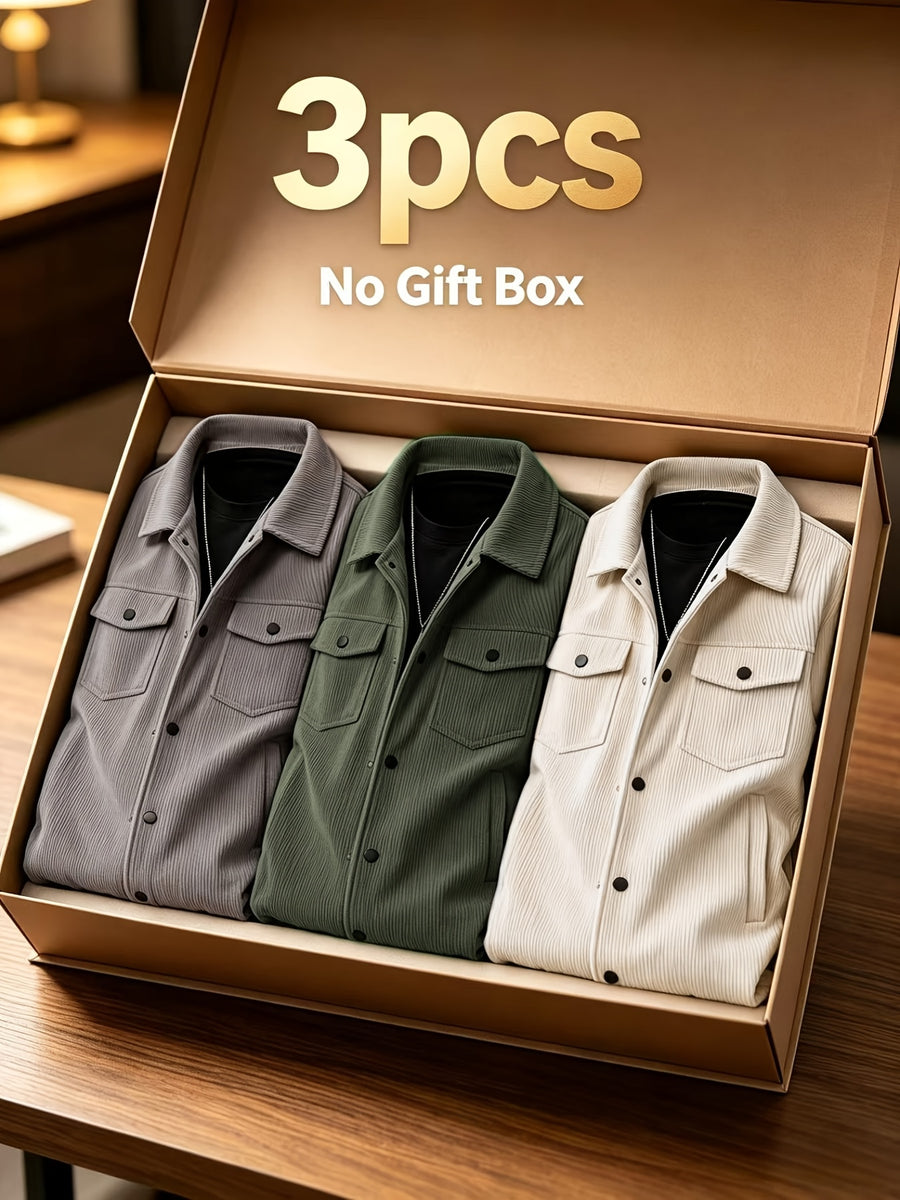 Men'S Spring Autumn Solid Color Long Sleeve Functional Warm Jacket, Corduroy Solid Color Jacket, Lapel Button-Up Design, Fabric Upgrade, Multi-Functional Chest Pockets, Suitable for Casual Daily Wear And Home Wear, Gift Set (3pcs) - Gray+Military Green+Apricot