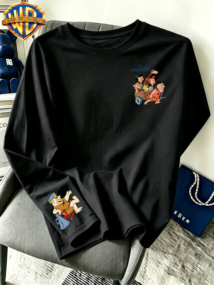 By Warner Bros., Featuring a Lively and Nostalgic Cartoon Print Design with Multiple Scenes of Road Signs, This Men's Comfortable 100% Pure Cotton Long Sleeved T-shirt Is Suitable for Outdoor Sports and Fitness - Black