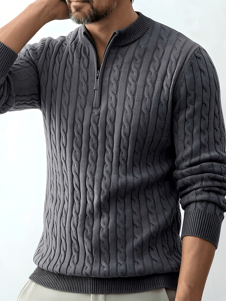 Men's Relaxed-fit Spring and Autumn Style with a Chic Half-zipper Design for a Casual, Laid-back Look. The Exquisite Cable-knit Texture Adds a Vintage Touch, While the Solid Color Offers a Calm and Sophisticated Vibe, Perfect for Creating a Casual - Light Grey