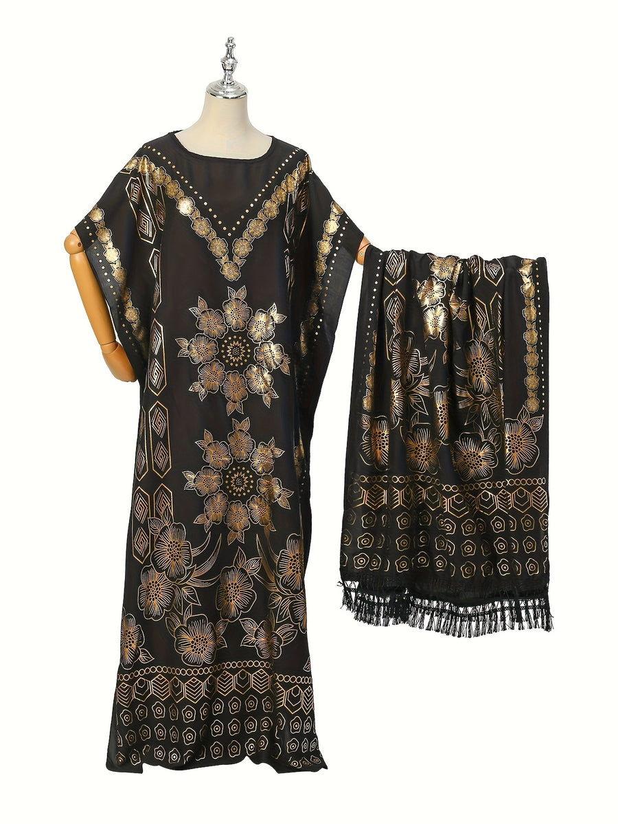 Women's Pattern Robe with Beige Tassel Set, Arabic Luxury Abaya, Headscarf, Elegant Round Neck Dress, Short Sleeve Style - Golden