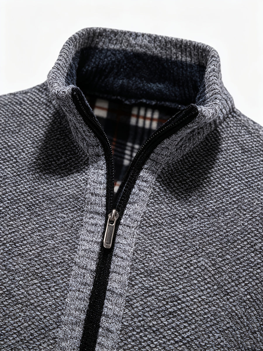 Men's Stand Collar Zip Up Knitted Cardigan Jacket, Casual Business Long Sleeve Sweater Coat with Pockets, Fall Winter Thick Warm Knit Outerwear for Men - Light Grey