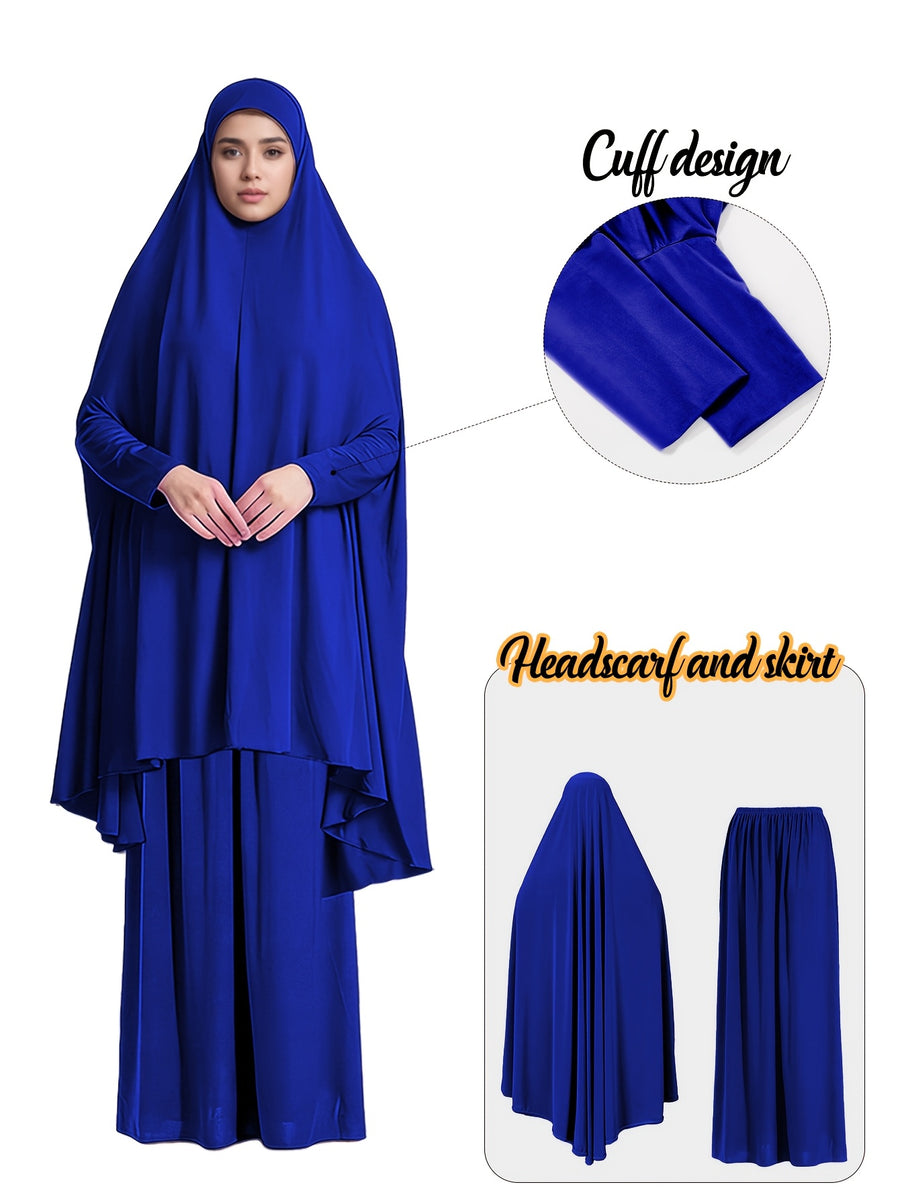 2pcs Women'S Solid Color Robe And Skirt Set, a Conservative And Elegant Outfit for Everyday Wear, Featuring Sleeves Inspired by Middle Eastern Traditional Culture, Abayas - Royal Blue