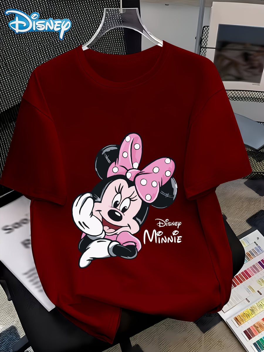 Disney Minnie with a Smile on Her Cheek Printed Fashion Women'S Round Neck Casual T-Shirt, Comfortable Fabric Short Sleeved, Round Neck Women'S T-Shirt, Worn in Spring And Summer - Burgundy