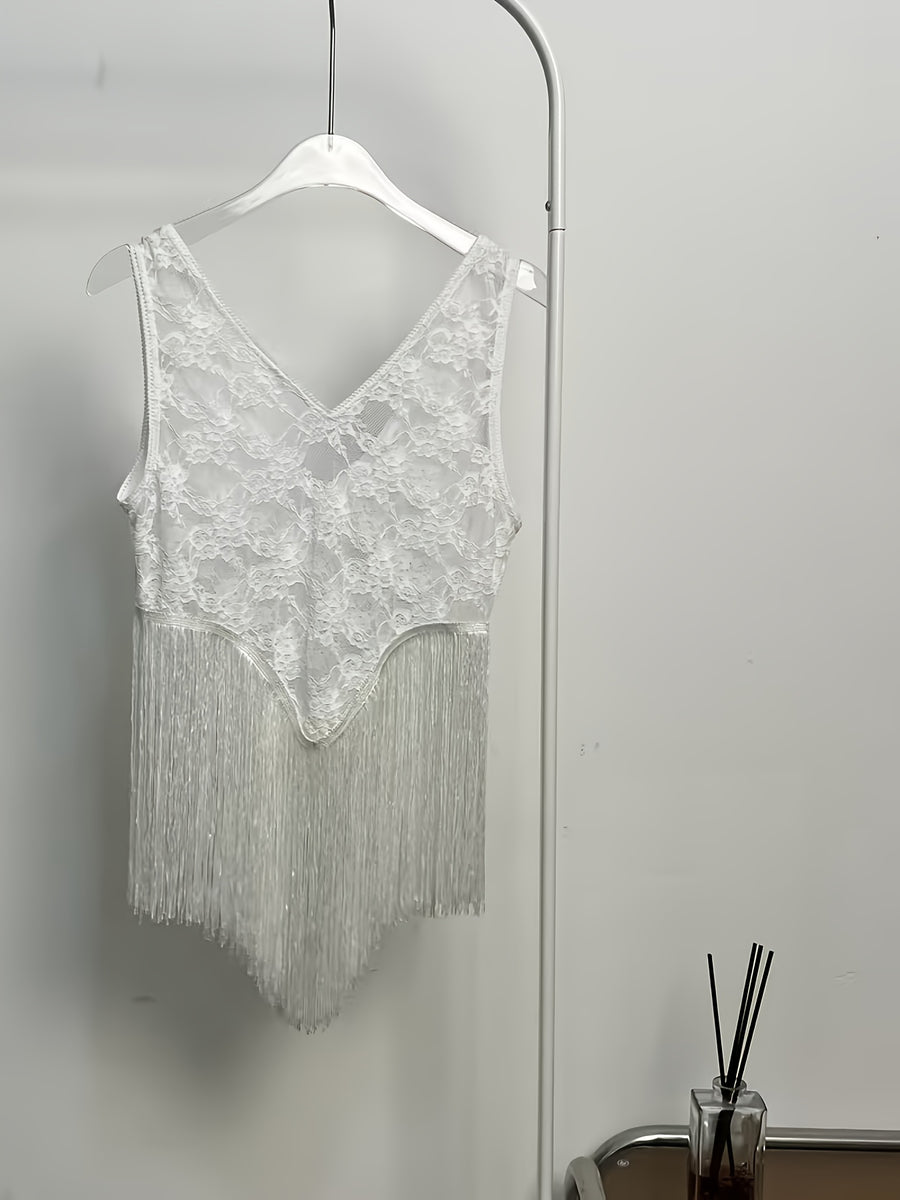Elegant Special: Fashionable Slim-Fit V-Neck Lace Tank Top, Elegant and Comfortable Fringe Sleeveless Top, Versatile Summer Tank Top, Stylish and Comfortable Top, Simple and Elegant Tank Top, Versatile and Elegant Top, Suitable for Daily Casual - White