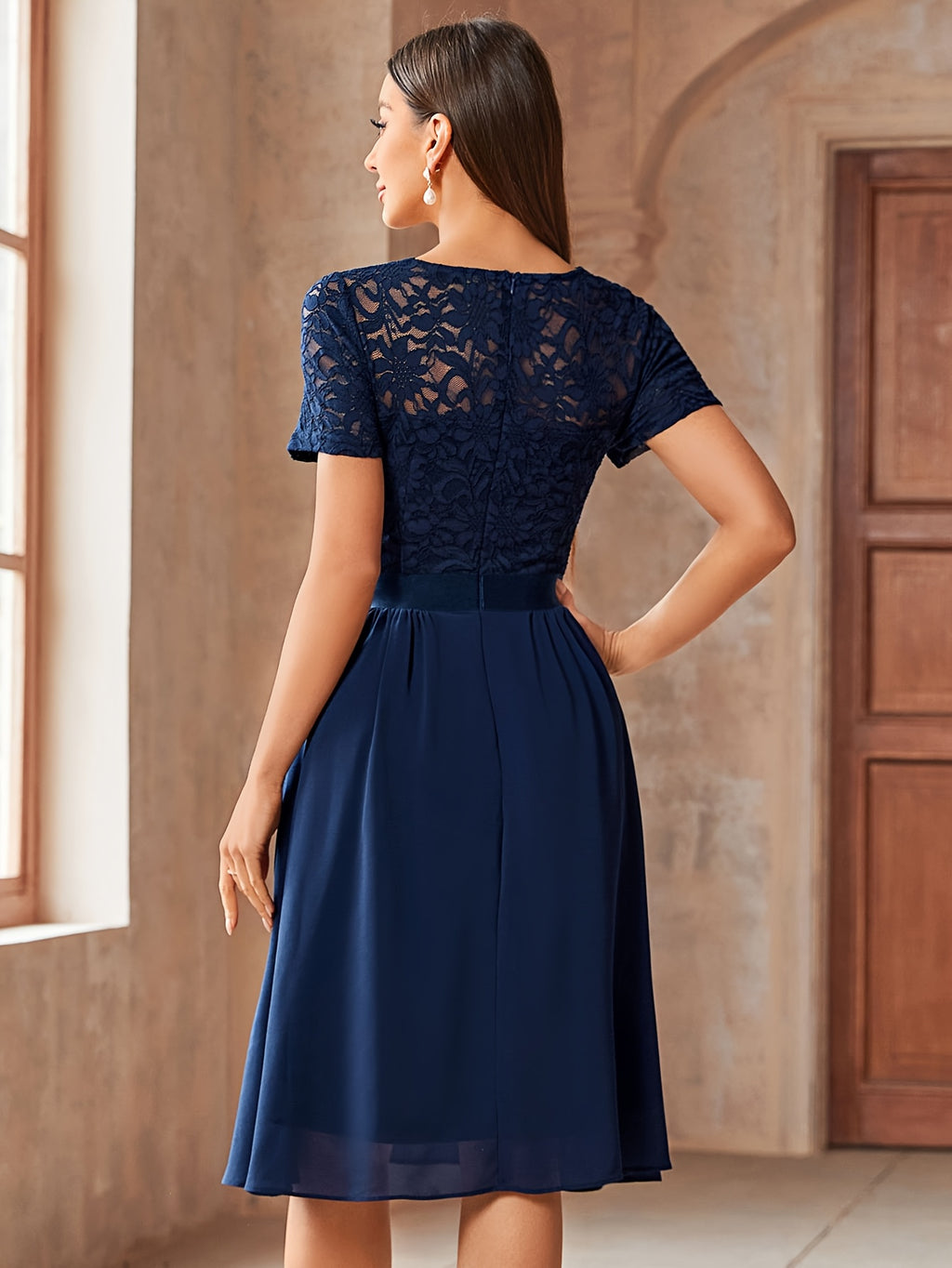Women's Elegant Lace V-Neck Short Sleeve Chiffon A-Line Wedding Party Short Dress - Navy Color