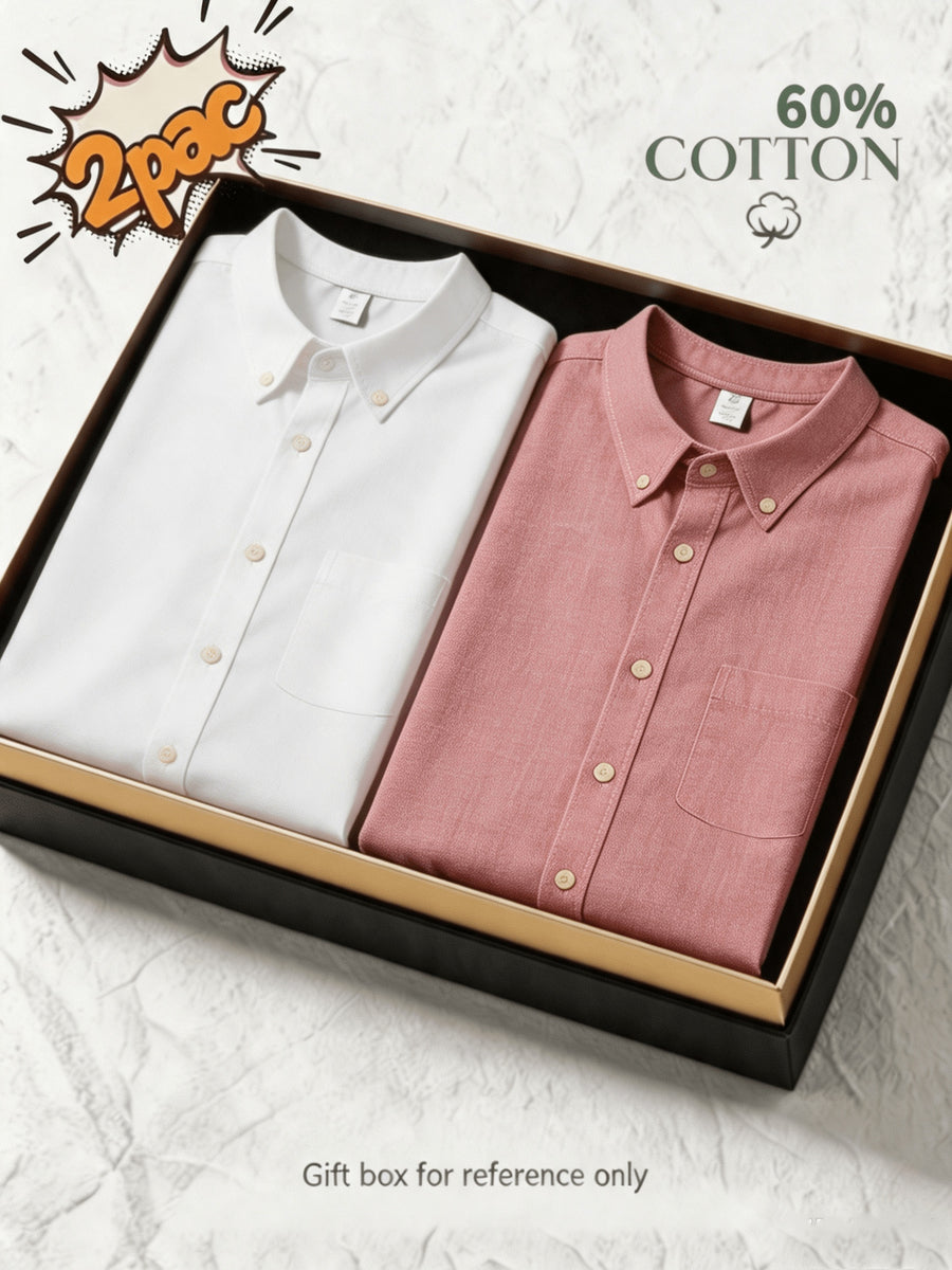1+1 2pcs Classic Men's Oxford Plain Color Shirt, Long Sleeve Spring/Autumn Pocket Lapel Shirt for Casual Daily Outings - White+Red