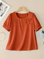 Elegant Casual Square Neck Short Sleeve Shirt with Bow and Puff Sleeves, Solid Color Top - Orange-Red