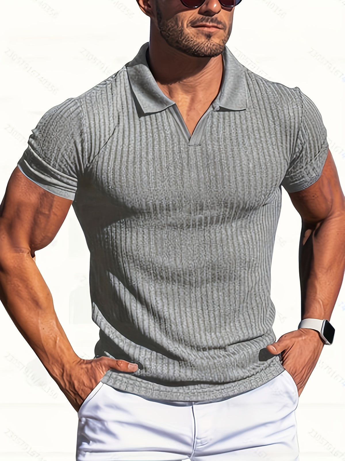 KJ-P6-V Summer Beach Athletic Style Polo Shirt Men'S Vertical Striped Collar Short Sleeve Fitness Casual Versatile T-Shirt 3pcs Set - Dark Gray Red Light Gray