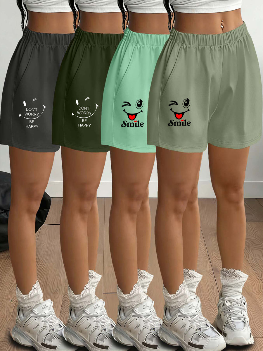 2026 Spring/Summer New Arrival Women's Fashionable and Simple "DON'T WORRY BE HAPPY & Smile" Letter and Smiling Face Print Leg-Length Enhancing Casual Loungewear Light Y  Streetwear Commuting Elastic Waist Side Pocket Shorts 4pcs Set - Dark Gray + Army Green + Emerald Green + Light Green