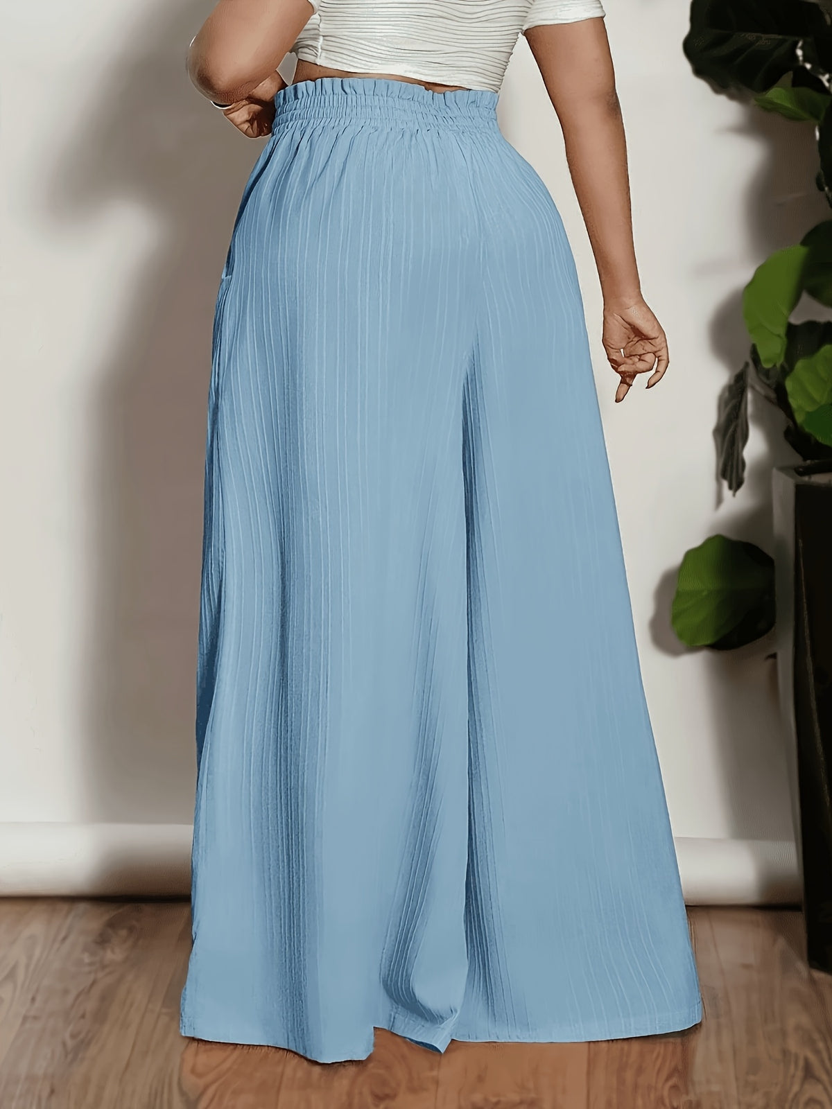 Plus Size, Plus-size Women's Casual Wide-leg Flared Pants with Pocket and Drawstring Design - Sky Blue