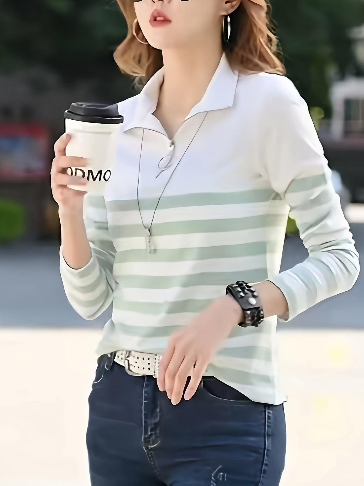 Women's Casual Collar Long Sleeve T-Shirt - Contrast Stripe Color Block Design, Half-Zip Front, Regular Fit Spring/Fall Top, Seasonal Fashion, Colorblock Style, Quality Casualwear - Green Stripes
