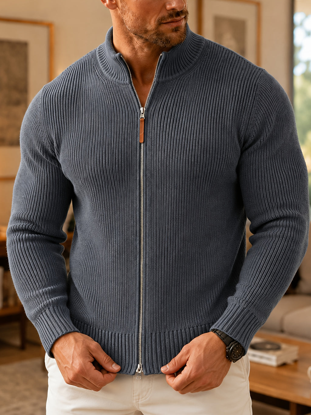 Du Jing Lan OBM Autumn/Winter New Men's Knit Cardigan, Thickened Warm Old Money Style Textured Ribbed Solid Color Double Zipper Open Front Long Sleeve Knit Sweater, Men's Business Casual Daily Basic Knit Base Layer Top, Suitable for Spring and Autumn - Dark Gray
