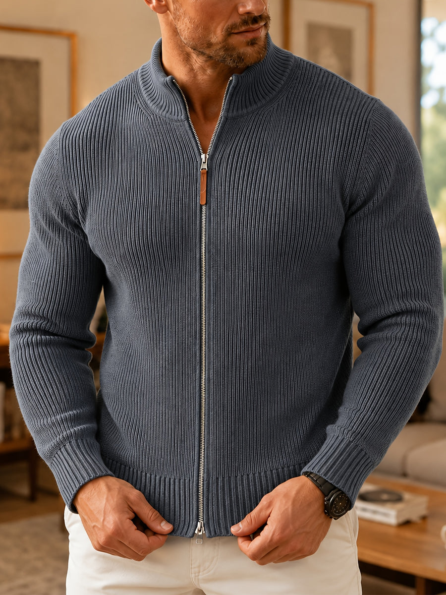 Du Jing Lan OBM Autumn/Winter New Men's Knit Cardigan, Thickened Warm Old Money Style Textured Ribbed Solid Color Double Zipper Open Front Long Sleeve Knit Sweater, Men's Business Casual Daily Basic Knit Base Layer Top, Suitable for Spring and Autumn - Dark Gray