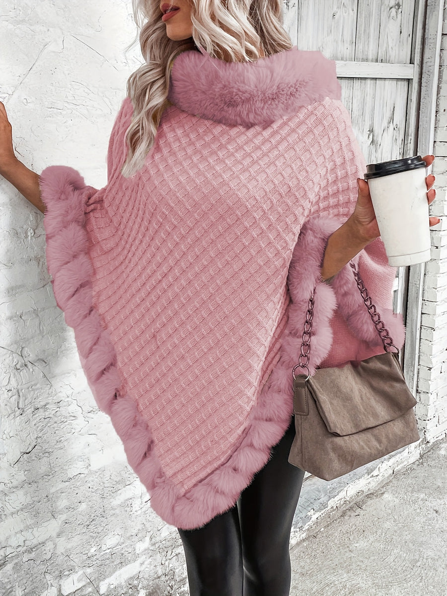 Women'S Elegant Faux Fur Collar Cape Coat - Soft Winter Coat with Plush Fur Trim, All-Season Chic Outerwear for Everyday & Formal Events - Pink Color
