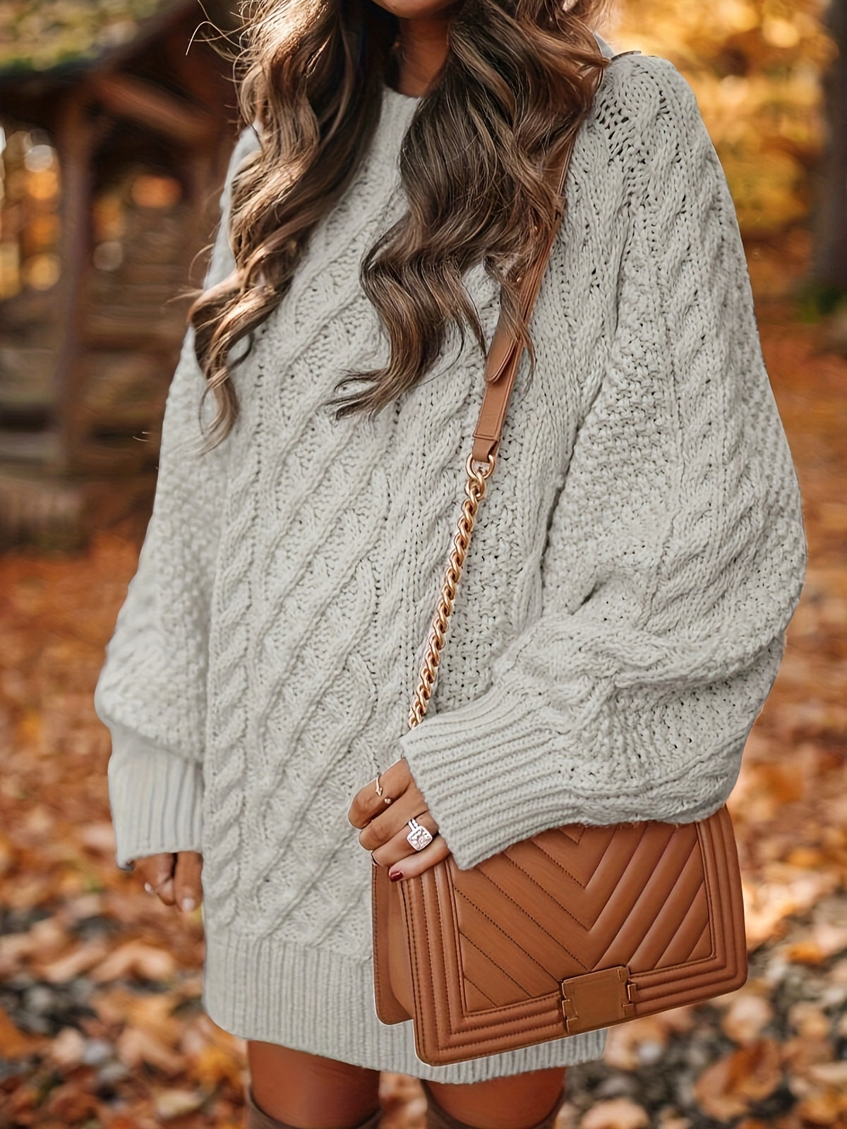 Women's Sweater Dress, Women's Long Sleeve Crew Neck Textured Knitted Dresss - Apricot
