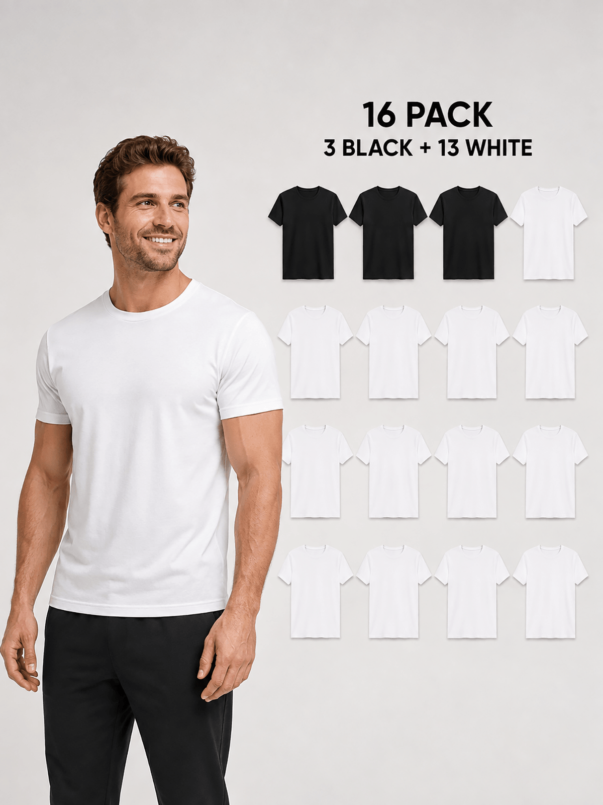 16pcs Men'S 100% Round-Neck Solid Color Short-Sleeve T-Shirts, Black And White, Soft And Breathable Basic Undershirts, Suitable for Daily Casual Wear, Sports, And Outdoor Wear - 3 Black 13 White 16 Pack