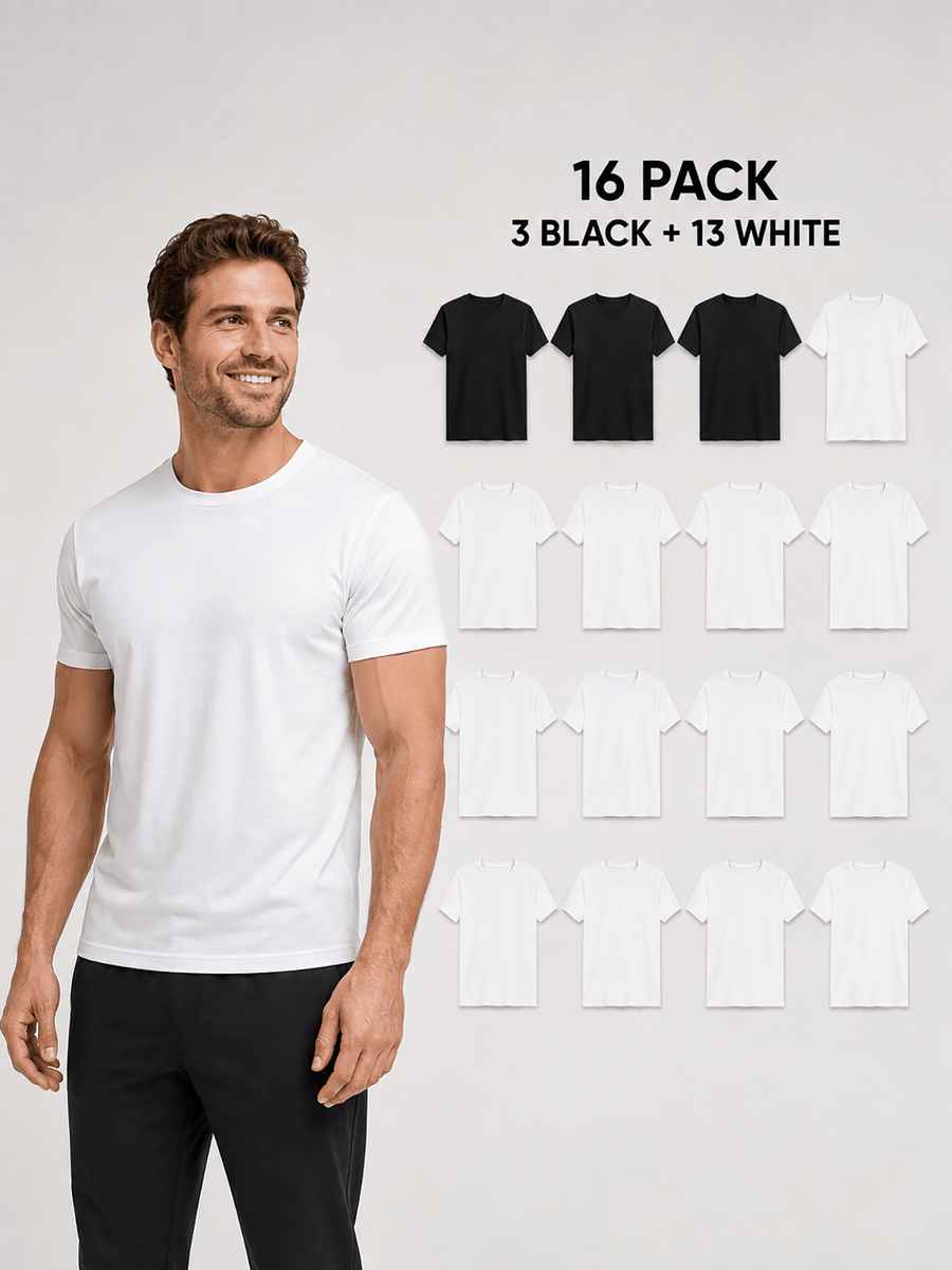 16pcs Men'S 100% Round-Neck Solid Color Short-Sleeve T-Shirts, Black And White, Soft And Breathable Basic Undershirts, Suitable for Daily Casual Wear, Sports, And Outdoor Wear - 3 Black 13 White 16 Pack