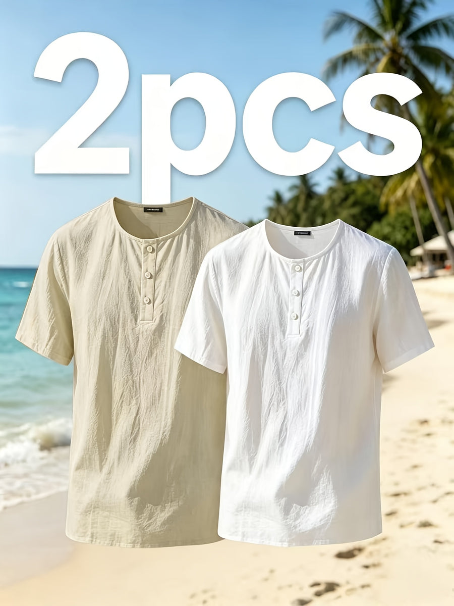 Men'S Summer Short-Sleeve T-Shirt Set, 2Pcss Beach Casual Breathable Top, Easy Design for Pool Parties And Beach Vacations, Ideal Gift for Beachwear, Daily Casual Relaxed (2Pcss Set) - Khaki+White