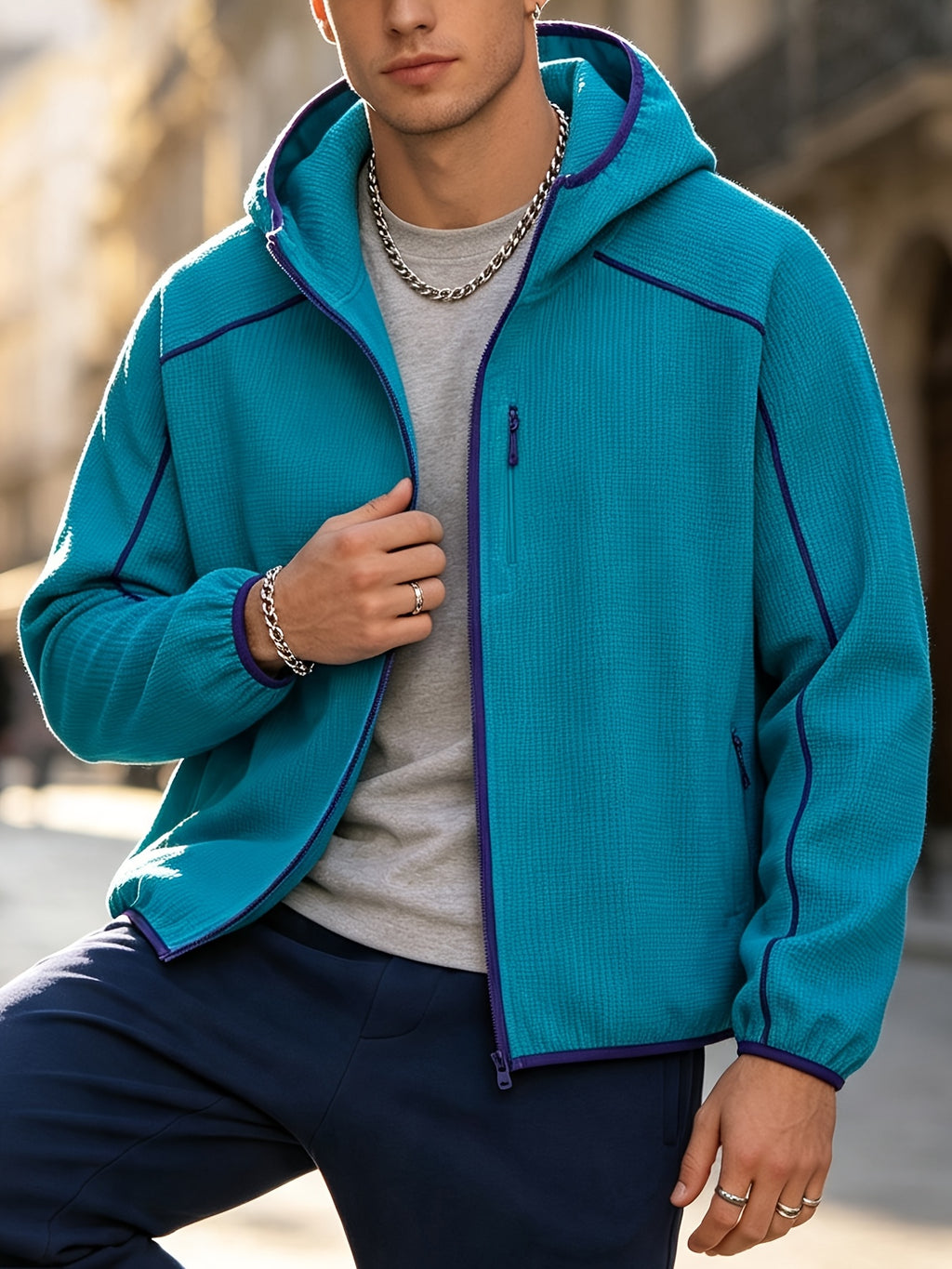 2026 New Men's Waffle Knit Textured Sport Jacket, Spring/Autumn Lightweight Hooded Outerwear, Suitable for Sports & Fitness, Outdoor Activities, Daily Home Wear, and Casual Outings - Blue