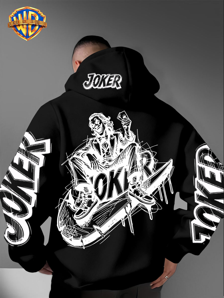 Authorized by Warner Bros., Joker Graffiti Style Print, Hat Design Pattern, Multi-Functional Street Style Men'S Hoodie, Comfortable Casual, Suitable for Autumn And Winter - Black